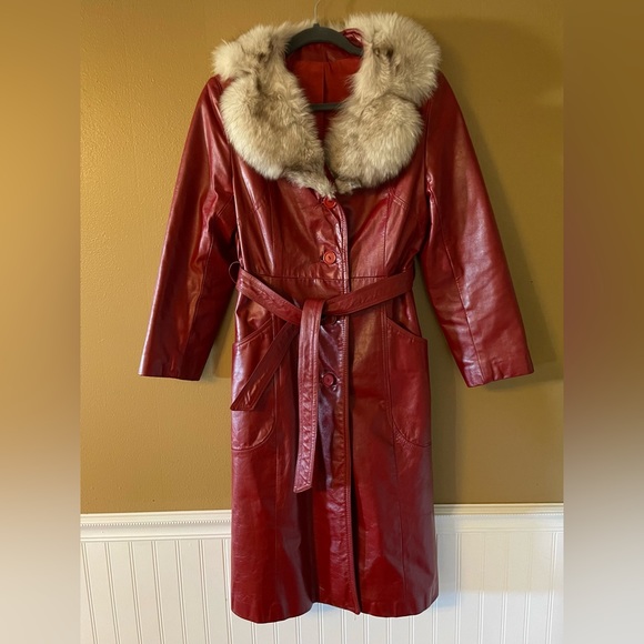 Jackets & Blazers - Vintage 70s Red Leather Trench Coat Fur Collar